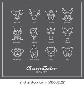 Chinese Zodiac Animals Line Icons Set