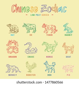 CHINESE ZODIAC ANIMALS LINE LOW POLY LOGO ICON SYMBOL SET. TRIANGLE GEOMETRIC POLYGON