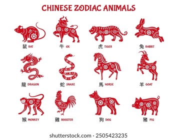 Chinese zodiac animals. Lunar New Year Rat, Ox, Tiger, Rabbit, Dragon, Snake, Horse, Goat, Monkey, Rooster, Dog and Pig in traditional red paper cut style vector illustrations set.