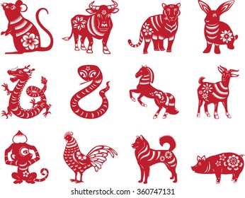 Chinese zodiac animals in paper cut style - red