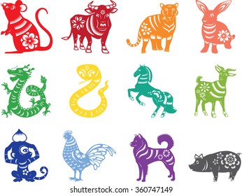 Chinese zodiac animals in paper cut style - colorful