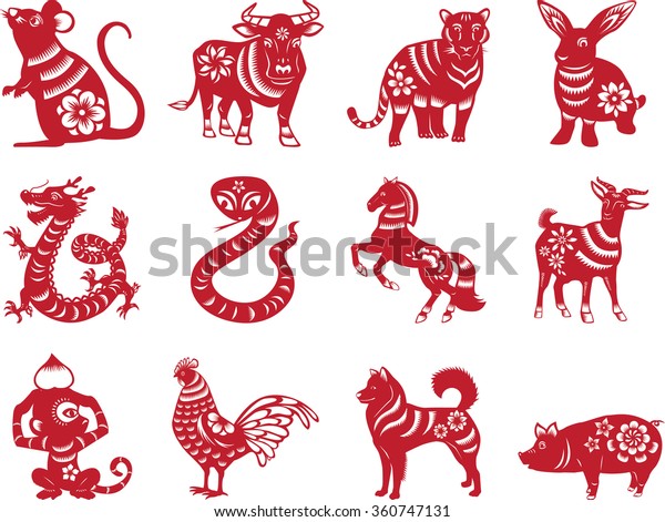 Chinese Zodiac Animals Paper Cut Style Stock Vector (Royalty Free ...