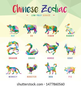 CHINESE ZODIAC ANIMALS POP ART LOW POLY LOGO ICON SYMBOL SET. TRIANGLE GEOMETRIC POLYGON