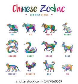 CHINESE ZODIAC ANIMALS POP ART LOW POLY LOGO ICON SYMBOL SET. TRIANGLE GEOMETRIC POLYGON