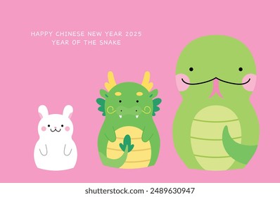 Chinese zodiac animals rabbit dragon and snake card. New year of the snake 2025 greeting card.