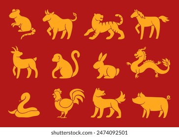 Chinese zodiac animals set. Golden zodiac animals in flat style isolated on the background.