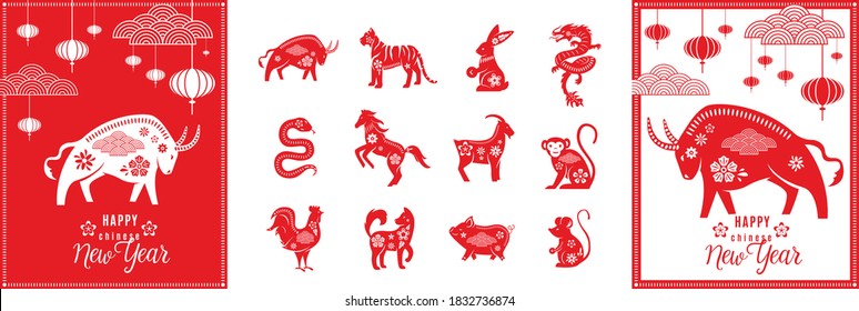 Chinese zodiac animals set with happy new year greeting card template of ox 2021. Twelve asian traditional red characters isolated on white. Vector illustration of astrology calendar horoscope symbol.