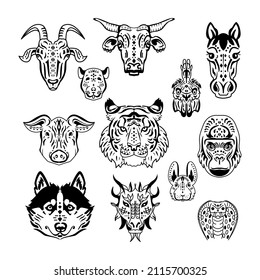 Chinese zodiac animals set on white background.