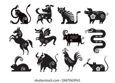 Chinese Zodiac Animals Set,  symbols of Chinese zodiac horoscope, black and white illustrations