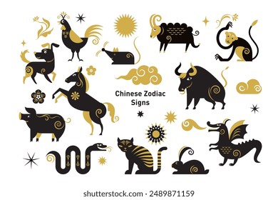 Chinese Zodiac Animals Set,  symbols of Chinese zodiac horoscope, black and white and gold colors illustrations