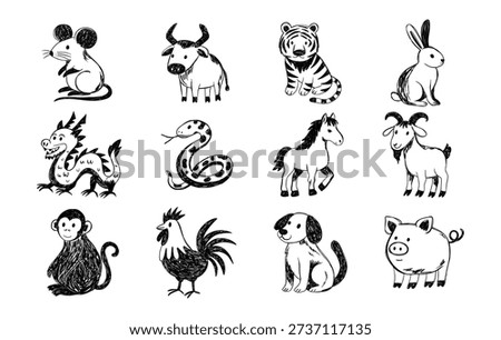Chinese Zodiac Animals Vector Collection In Hand Drawn Ink Doodle Sketch Style For Horoscope Calendar