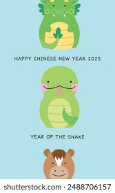 Chinese zodiac animals year of the snake 2025. Zodiac horse, dragon and snake for lunar new year 2025 greeting card.