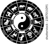 A Chinese zodiac astrology horoscope wheel with animals year signs 