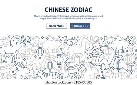 Chinese Zodiac Banner Design. Vector Illustration of Outline Template.