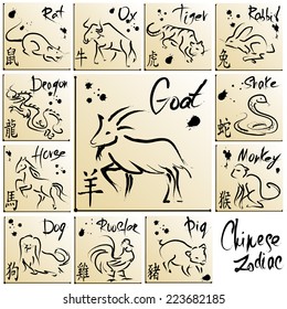 Chinese Zodiac - Black ink, 12 Animal symbols