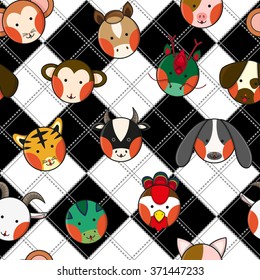 Chinese Zodiac Black White Chess Board Background Vector Illustration