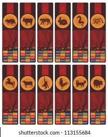 Chinese zodiac bookmarks or banners set with years and the five elements symbols