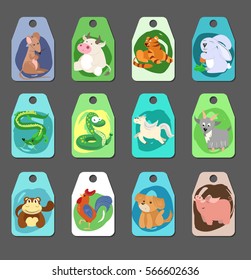 Chinese zodiac characters on the tags. Cartoon illustration with hand drawn elements