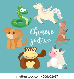 Chinese zodiac characters with text. Cartoon illustration 