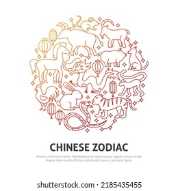 Chinese Zodiac Circle Concept. Vector Illustration Of Outline Design.