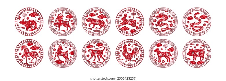 Chinese zodiac circle stamp. Animal of year circular emblem with floral pattern, decorative borders and traditional Asian ornaments. Animals of twelve zodiac signs vector illustration set.