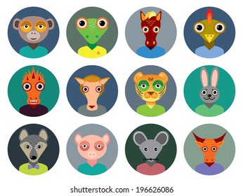 Chinese zodiac collection, Set of animals faces circle icons in Trendy Flat Style. logo. infographics design. vector