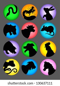 Chinese Zodiac Color. Animal silhouette icons with background circle color. Good use for icon, symbol, web button or any design you want.