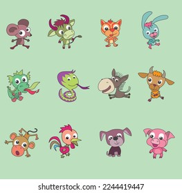 chinese zodiac cute animals in many colors