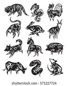 Chinese zodiac eastern calendar black symbols vector illustrations.