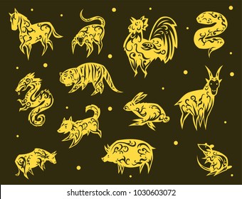 Chinese zodiac eastern calendar traditional china new year oriental animal symbols vector illustrations.