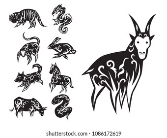 Chinese zodiac eastern calendar traditional china new year oriental animal symbols vector illustrations.