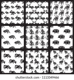 Chinese zodiac eastern calendar traditional china new year oriental animal seamless pattern background vector illustrations.