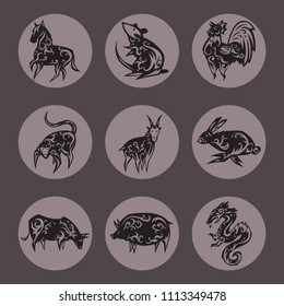 Chinese zodiac eastern calendar traditional china new year oriental animal symbols vector illustrations.