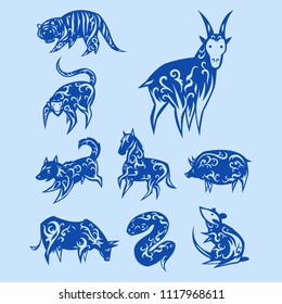 Chinese zodiac eastern calendar traditional china new year oriental animal symbols vector illustrations.