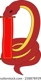 Chinese Zodiac Festive Illustration of Year of the Snake with Blank Red Banner. A coiled red snake with golden details holding a blank red scroll. Ideal for festive celebrating the Year of the Snake