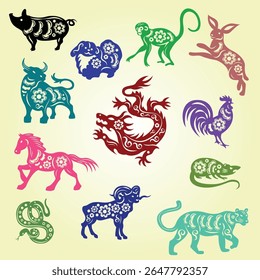 Chinese zodiac figures of sacred animals cutting from  paper set on white background isolated vector illustration symbol horoscope fortune year tradition dragon religion