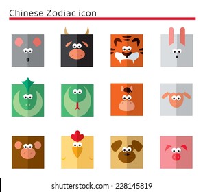 Chinese Zodiac flat icon set in squares