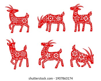 Chinese Zodiac Goat Animal Vector Icons Set. Lunar New Year Of China Symbolic, Red Ornate Horned Nanny Goat, Astrological Horoscope Signs Isolated On White Background. Asian Symbol Of Year, Tattoo