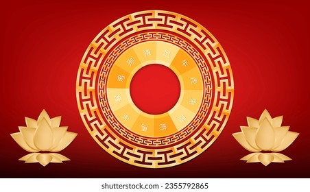 Chinese zodiac gold hologram circle with golden lotus red background