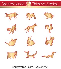 Chinese zodiac, Gold origami, Vector icons.