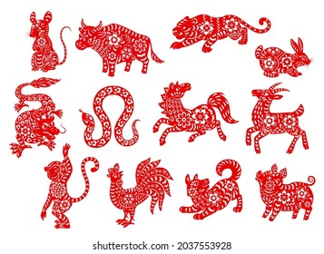 Animales de horóscopo zodiaco chino, caracteres de papel rojo, vector. Año nuevo chino y calendario lunar signos zodiacos de tigre, rata y caballo, conejo y cerdo con serpiente y mono en corte de papel chino