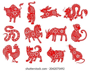 Chinese zodiac horoscope animals. Red papercut characters of lunar calendar twelve sequences vector symbols. Rat, ox, and tiger, rabbit, dragon and snake, horse, goat and monkey, rooster, dog and pig