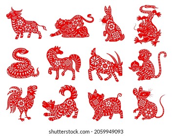 Chinese zodiac horoscope animals, red papercut vector characters. Astrology calendar tiger, dog, snake and horse, pig, monkey, dragon and mouse, rabbit, rooster, goat and ox, oriental Lunar New Year