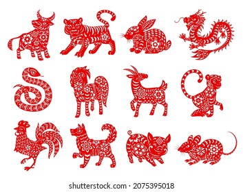 Chinese Zodiac horoscope animals, red papercut characters. Vector monkey, dog, horse, snake and goat, ox, rabbit and rooster, dragon, rat or mouse, tiger and pig, Lunar New Year astrology symbols set