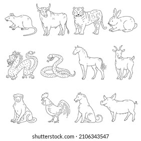 Chinese zodiac horoscope of twelve animals line art. Vector doodle set Eastern astrological calendar black outline on white background.