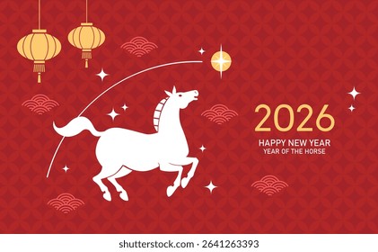  Chinese zodiac horse 2026 card with hanging lanterns decorations. Lunar new year 2026 banner vector illustration, modern and minimalist style on asian background.