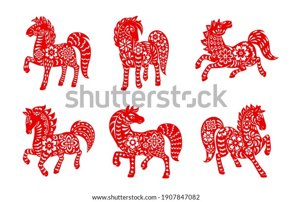 Chinese zodiac horse animal vector icons set. Equine
Lunar new year of China symbolic, red ornate , astrological
horoscope signs isolated on white background. Asian symbol of year,
tattoo or paper cut