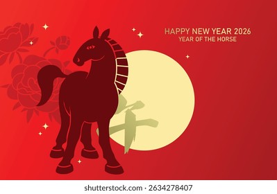 Chinese zodiac horse paper cut style background. Zodiac horse silhouette on a red background with decorative peonies.  Chinese text translation: "Horse"(zodiac). 