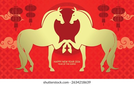 Chinese zodiac horses pair on oriental background with lanterns. Two golden horses silhouettes on a red background. Chinese new year of the horse 2026 greeting card.