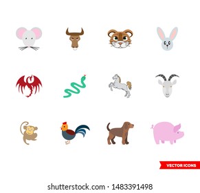 Chinese zodiac icon set of color types. Isolated vector sign symbols. Icon pack.